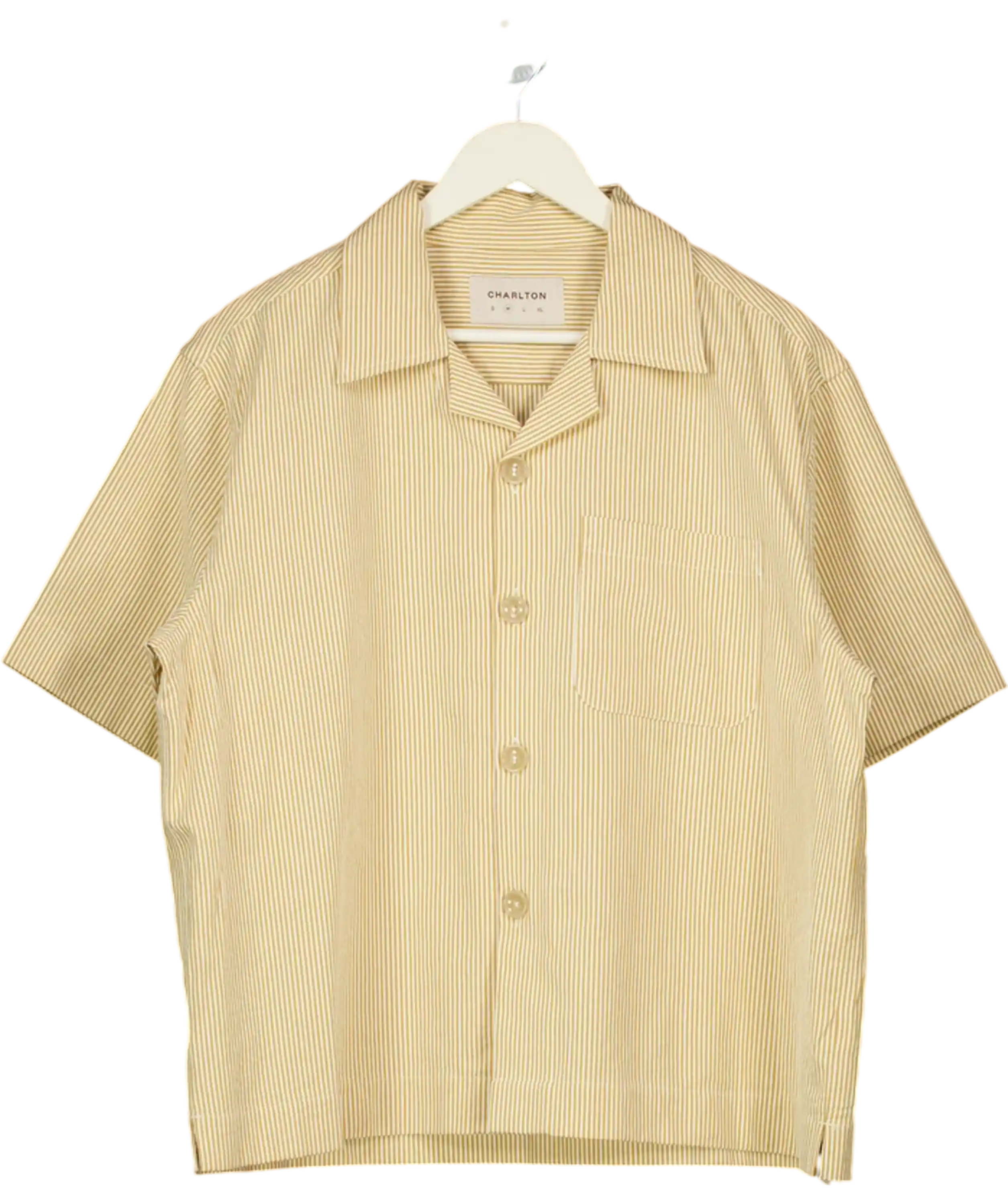 CHARLTON 'camp Collar' Shirt In Butter Yellow Stripe Cotton Seersucker UK M