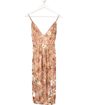 For Love & Lemons Beige Butterfly Embroidered Midi Dress UK XS