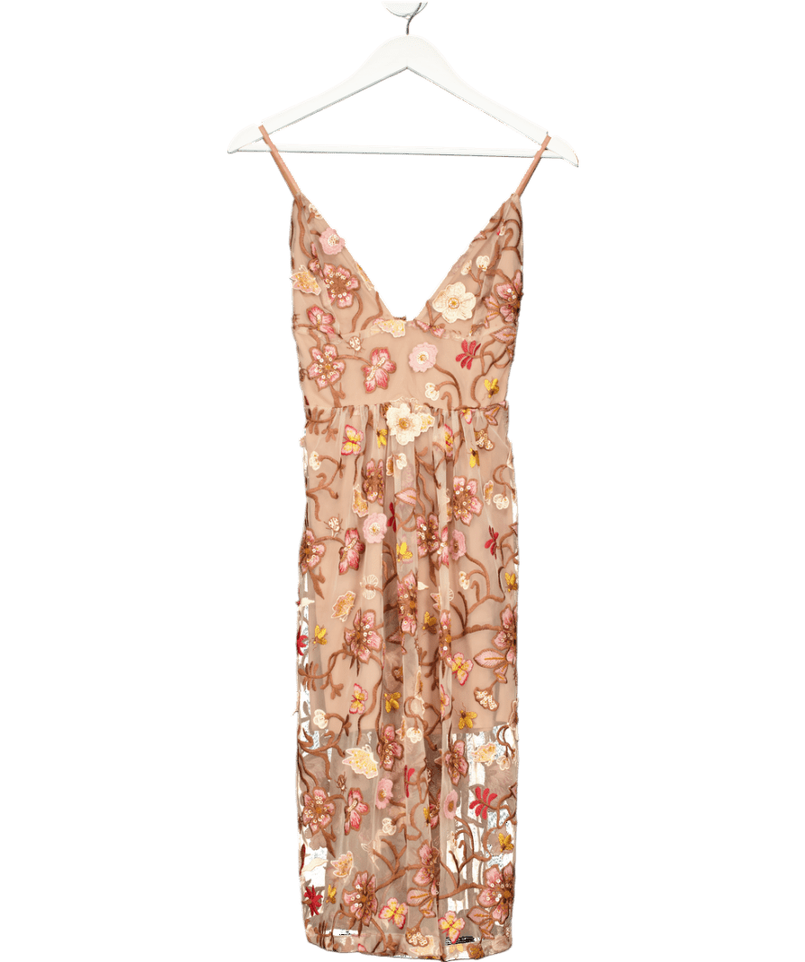 For Love & Lemons Beige Butterfly Embroidered Midi Dress UK XS - Reliked