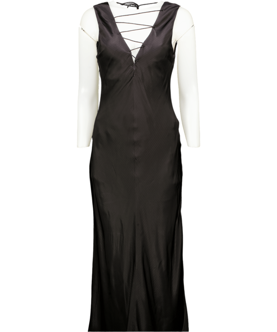 FRAME Black Satin Lace Front Midi Dress UK S - Reliked