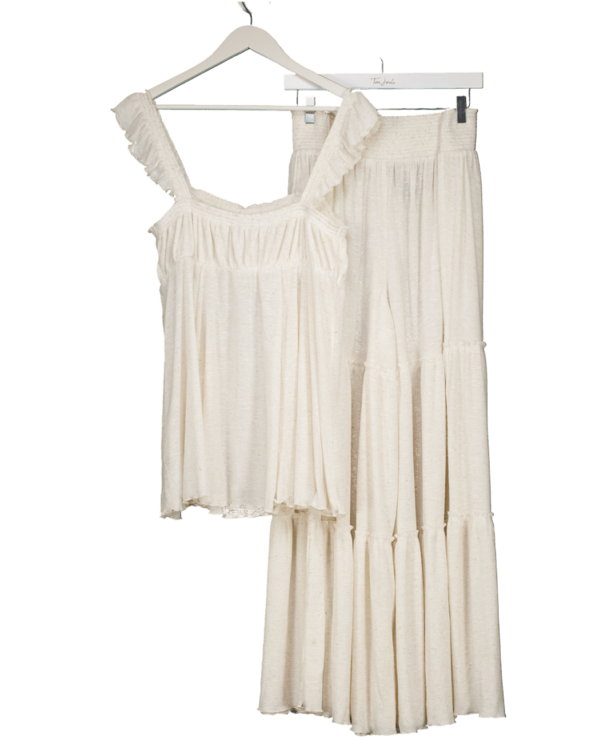 Free People 2 - piece Natural Beige Ribbed Wide Leg Trouser And Baby Doll Top Set UK XL - Reliked