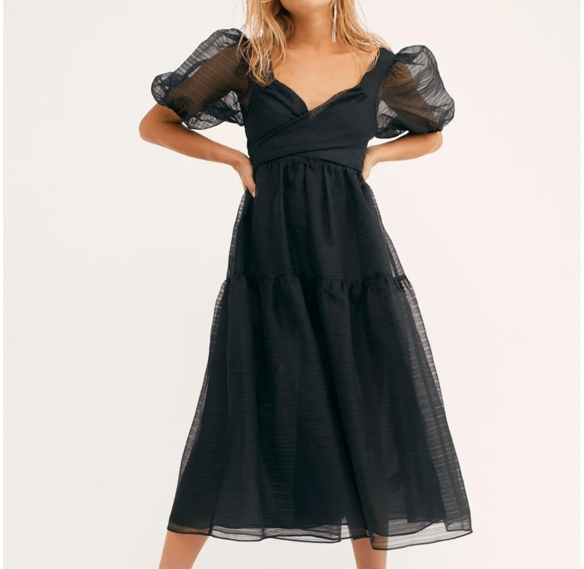 Free People Black Puff sleeve bow back Hailey Dress UK 6 - Reliked