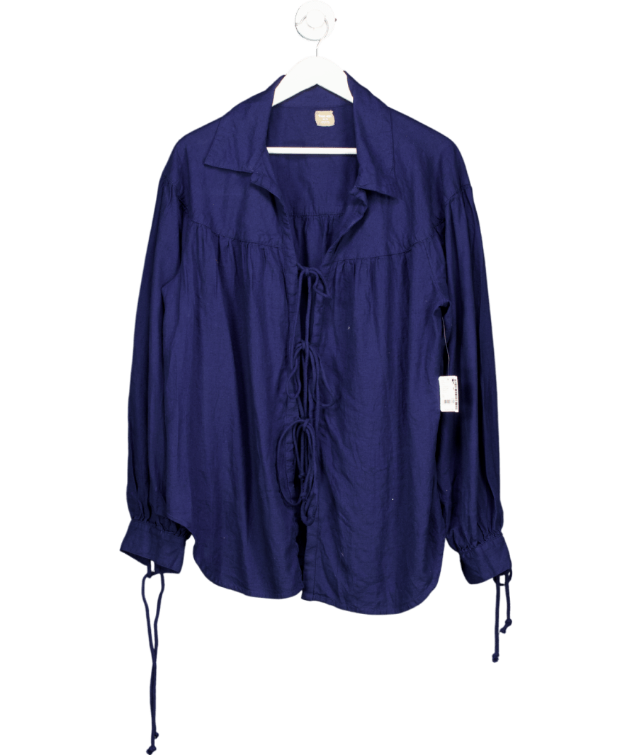 Free People Blue Linen Tie Shirt UK XL - Reliked