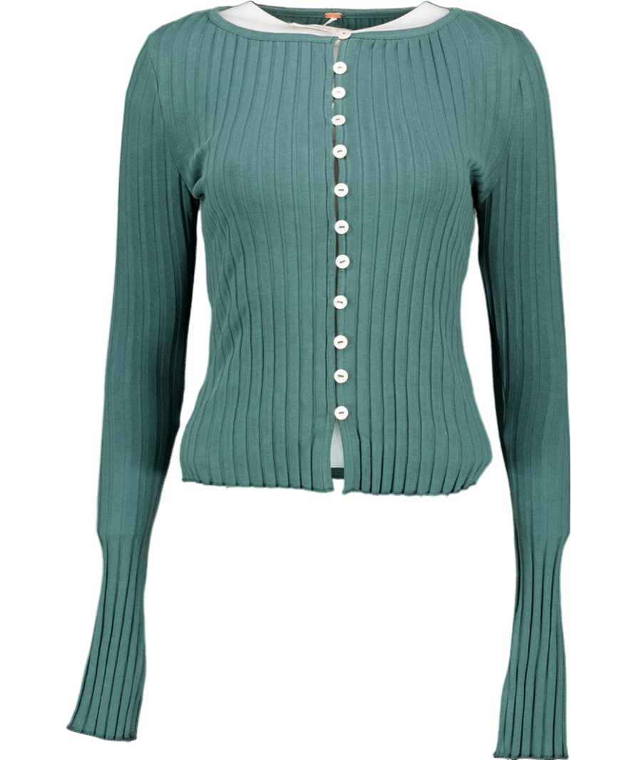Free People Dark Green Tilly Long Sleeve Ribbed Cardigan Top UK S - Reliked