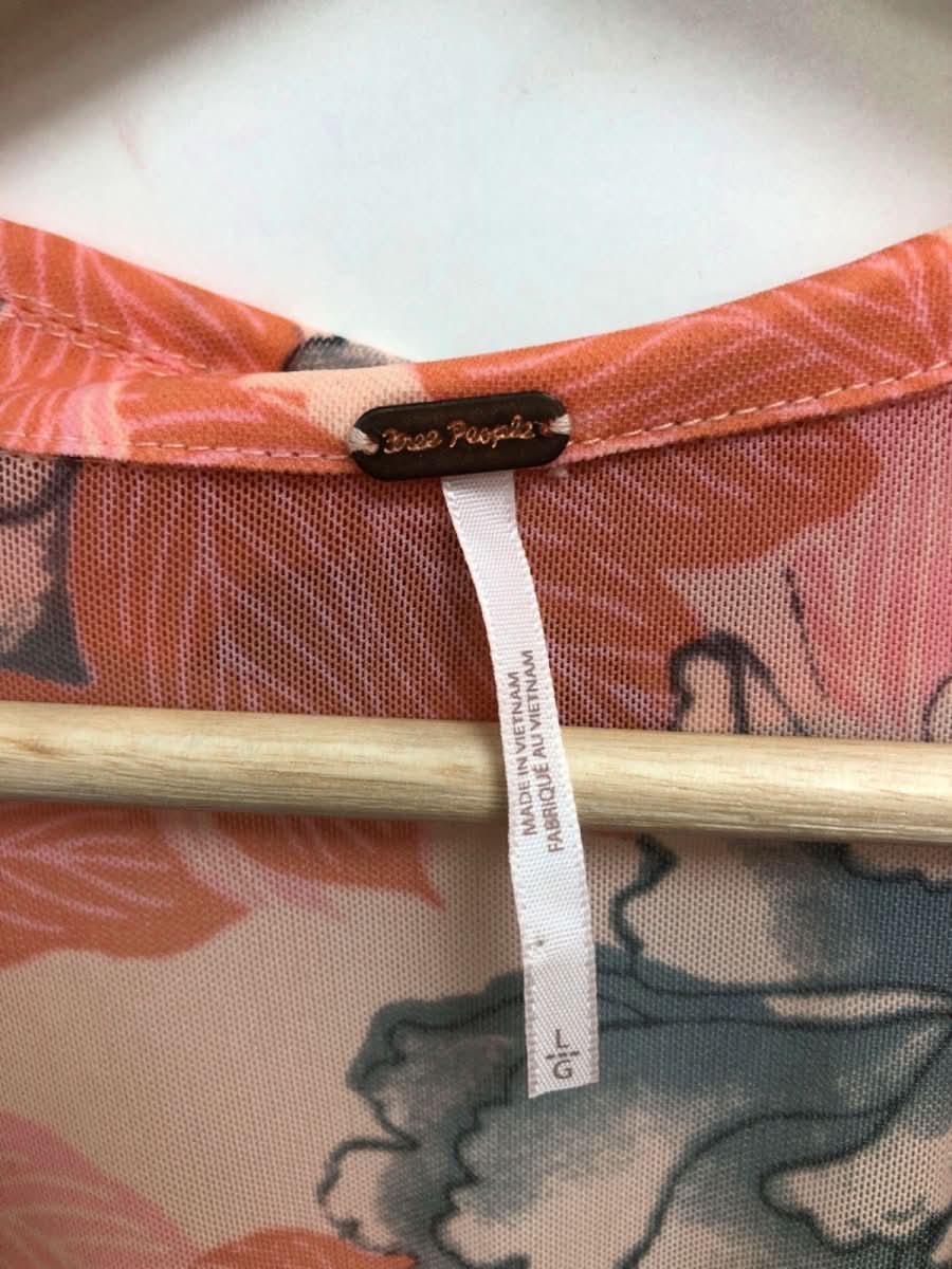 Free People Pink/Orange Floral Mesh Button - Down Blouse with Ruched Detail UK L - Reliked