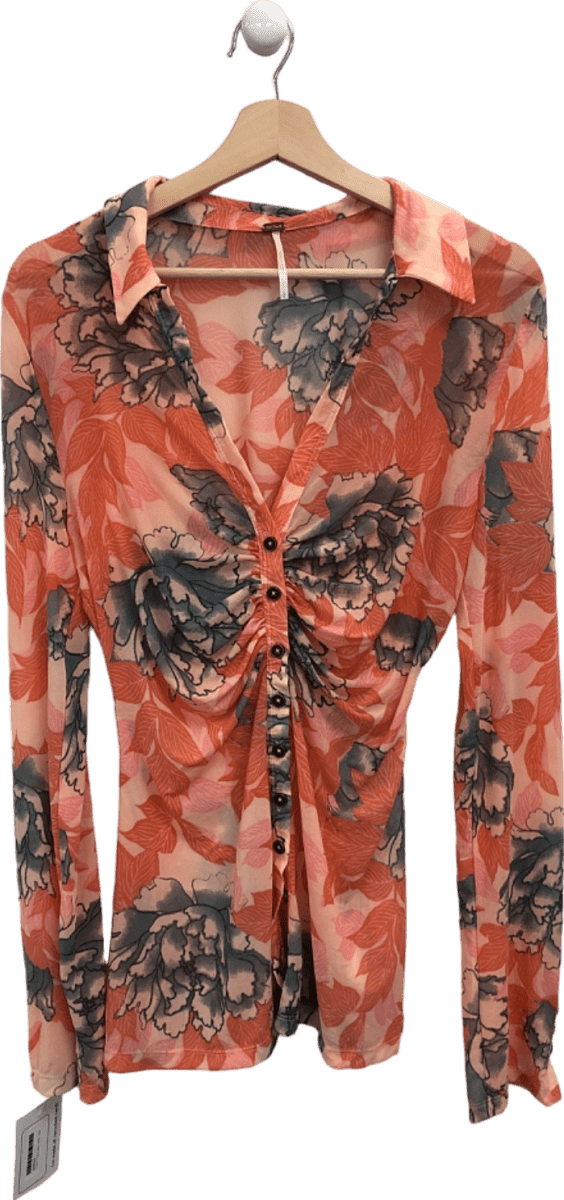 Free People Pink/Orange Floral Mesh Button - Down Blouse with Ruched Detail UK L - Reliked