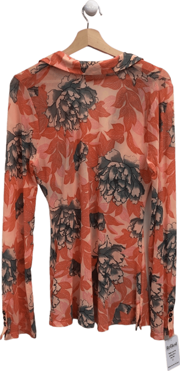 Free People Pink/Orange Floral Mesh Button - Down Blouse with Ruched Detail UK L - Reliked