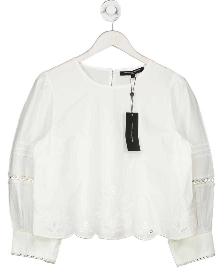 French Connection Alissa Cotton Broderie Crop Blouse In White UK L - Reliked