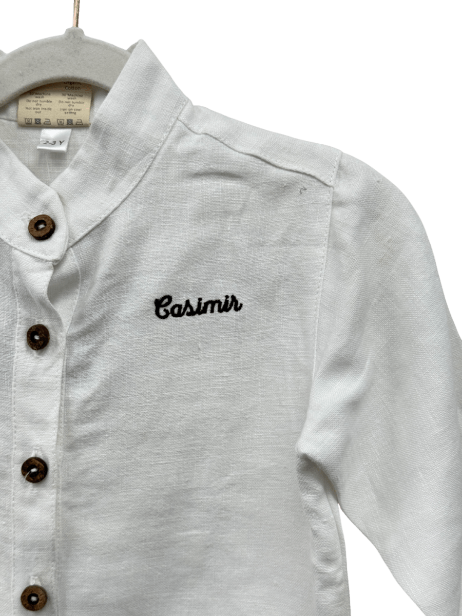 Freya Lillie White Organic Linen Personalised "casimir" Mandarin Shirt 2 Years - Reliked
