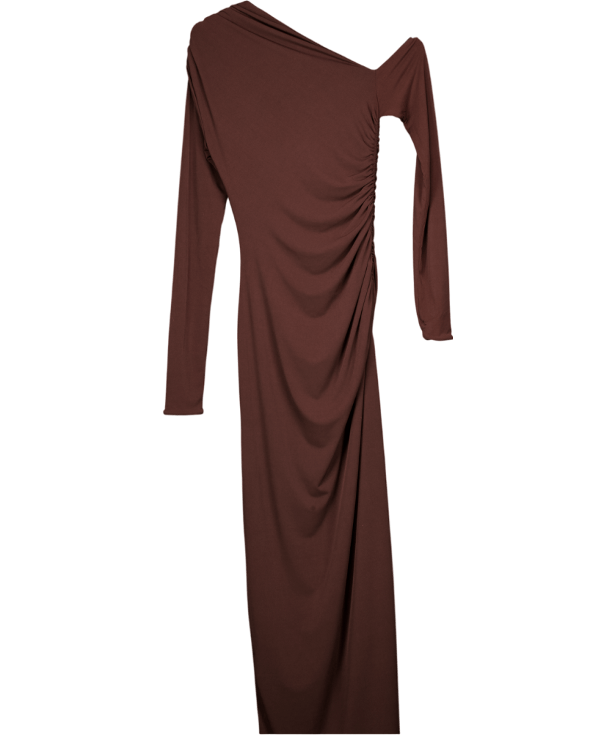 Friend of Audrey Chocolate Brown Long Sleeve Ruched Maxi Dress UK 6 - Reliked