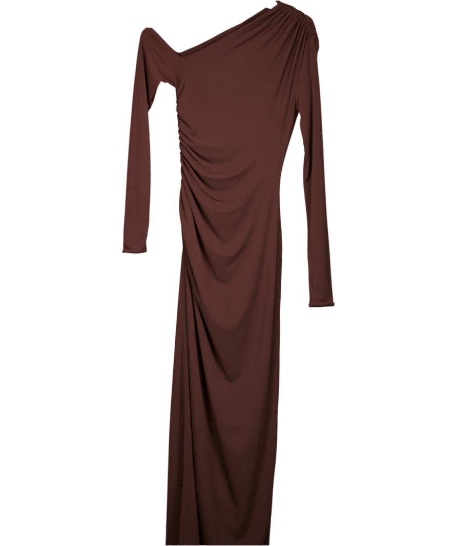 Friend of Audrey Chocolate Brown Long Sleeve Ruched Maxi Dress UK 6 - Reliked