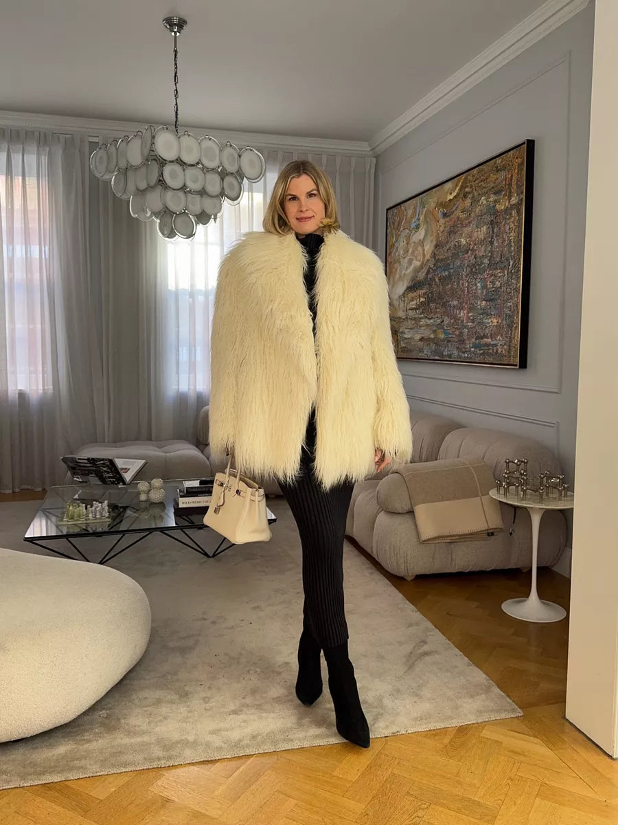 THE FRANKIE SHOP Cream Liza Faux Fur Coat UK M/L