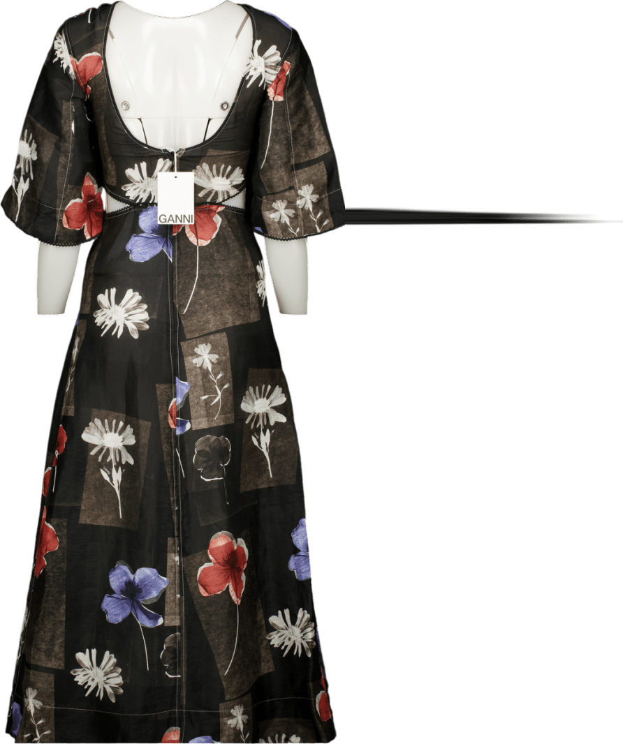 Ganni Black Floral Linen And Silk Maxi Cut Out Detail Dress UK 6 - Reliked