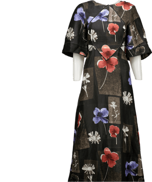 Ganni Black Floral Linen And Silk Maxi Cut Out Detail Dress UK 6