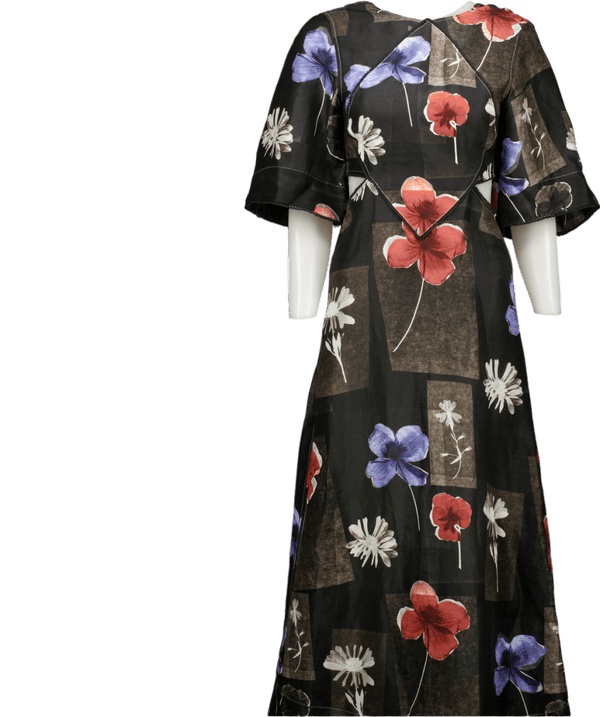 Ganni Black Floral Linen And Silk Maxi Cut Out Detail Dress UK 6