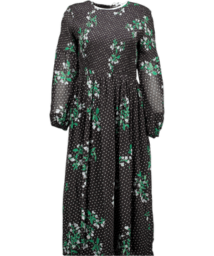 Ganni Black Floral Longsleeve Shirred Bodice Dress De40 UK 12