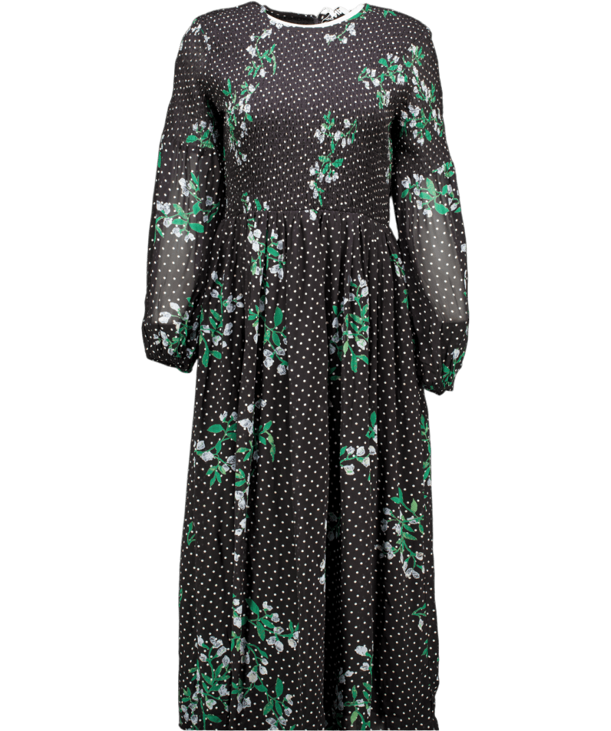 Ganni Black Floral Longsleeve Shirred Bodice Dress De40 UK 12 - Reliked
