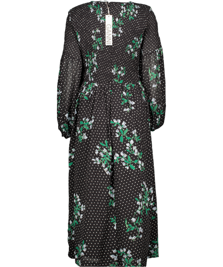 Ganni Black Floral Longsleeve Shirred Bodice Dress De40 UK 12 - Reliked