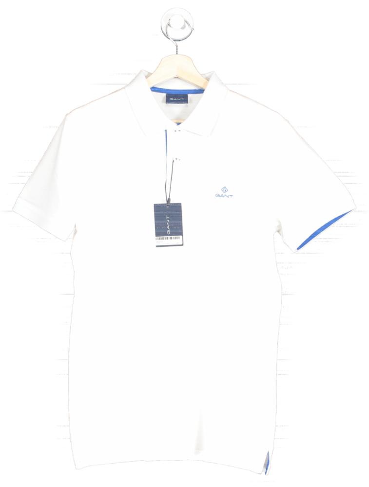 Gant White Contrast Collar Piqué Rugger Polo Shirt SIZE M - Reliked