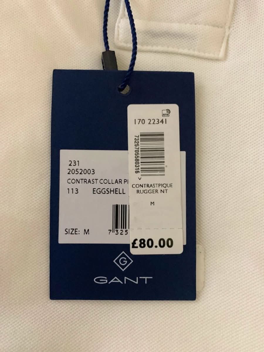 Gant White Contrast Collar Piqué Rugger Polo Shirt SIZE M - Reliked