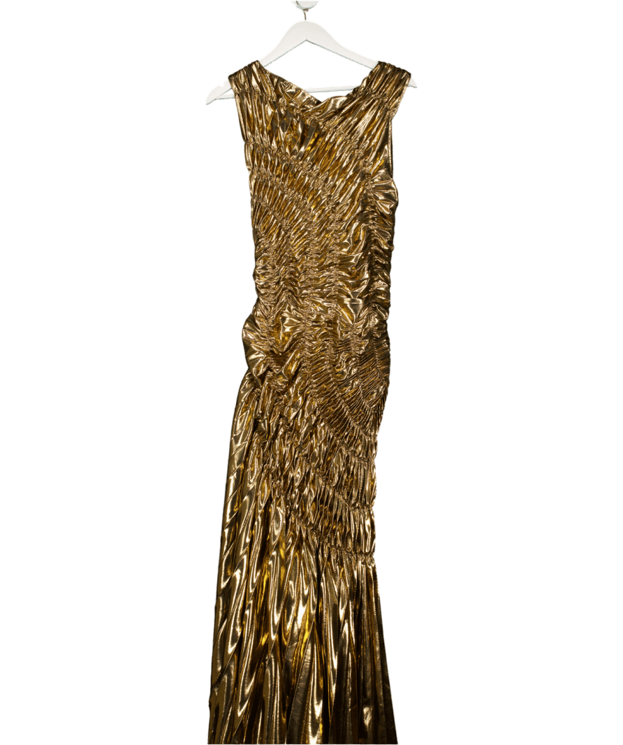 Georgia Hardinge Dark Gold Fossil Pleated Metallic Dress UK 12 - Reliked