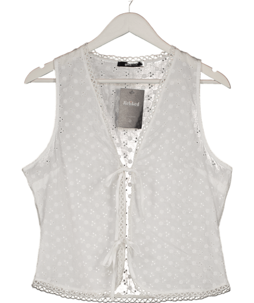 Gina Tricot White Tie - front Broderie Anglais Top UK L - Reliked