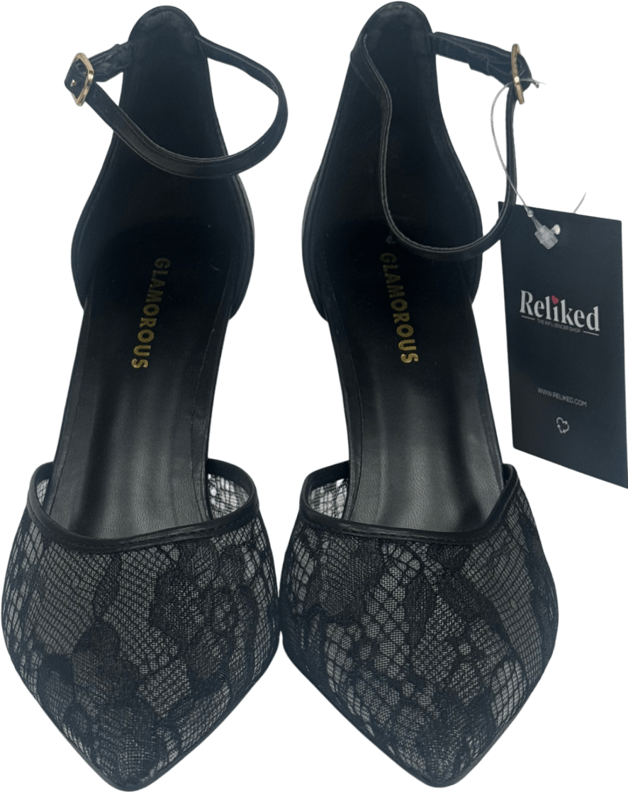 Glamorous Black Slingback Heeled Shoes With Lace Detail UK 5 EU 38 👠 - Reliked