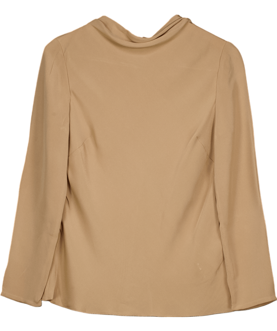 goat Camel 100% Silk Draped Neck Long Sleeve Top UK 10 - Reliked