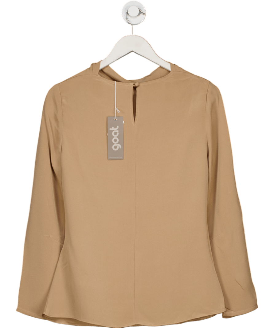 goat Camel 100% Silk Draped Neck Long Sleeve Top UK 10 - Reliked