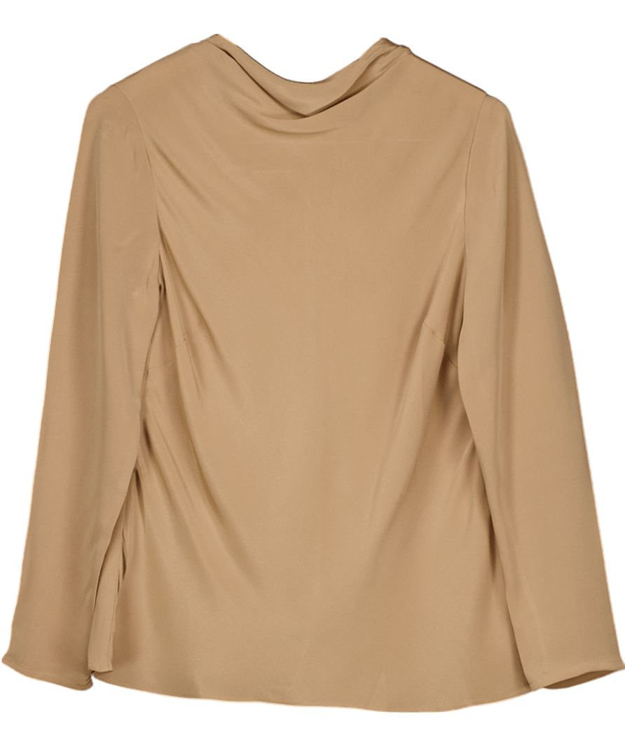 goat Camel 100% Silk Draped Neck Long Sleeve Top UK 12 - Reliked