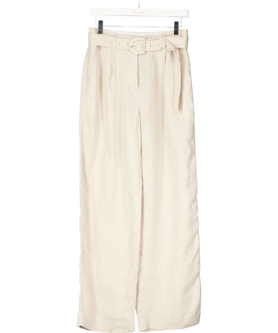 GOELIA Beige 100% Linen Women Straight Leg Pants With Belt UK 10 - Reliked