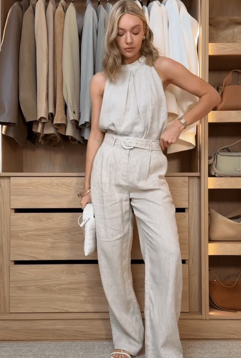 GOELIA Beige 100% Linen Women Straight Leg Pants With Belt UK 10 - Reliked