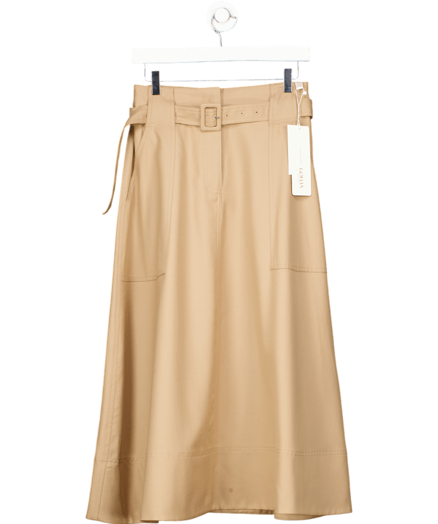 GOELIA Beige 100% Worsted Wool Gathered Waist Women Flared Skirt With Belt UK 10 - Reliked