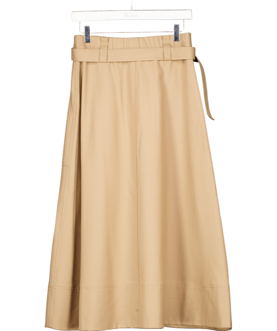GOELIA Beige 100% Worsted Wool Gathered Waist Women Flared Skirt With Belt UK 10 - Reliked