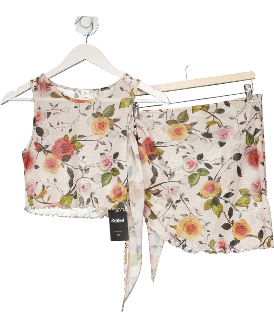 grace jacobs Cream 2 - piece Floral Mesh Top And Mini Skirt UK S - Reliked