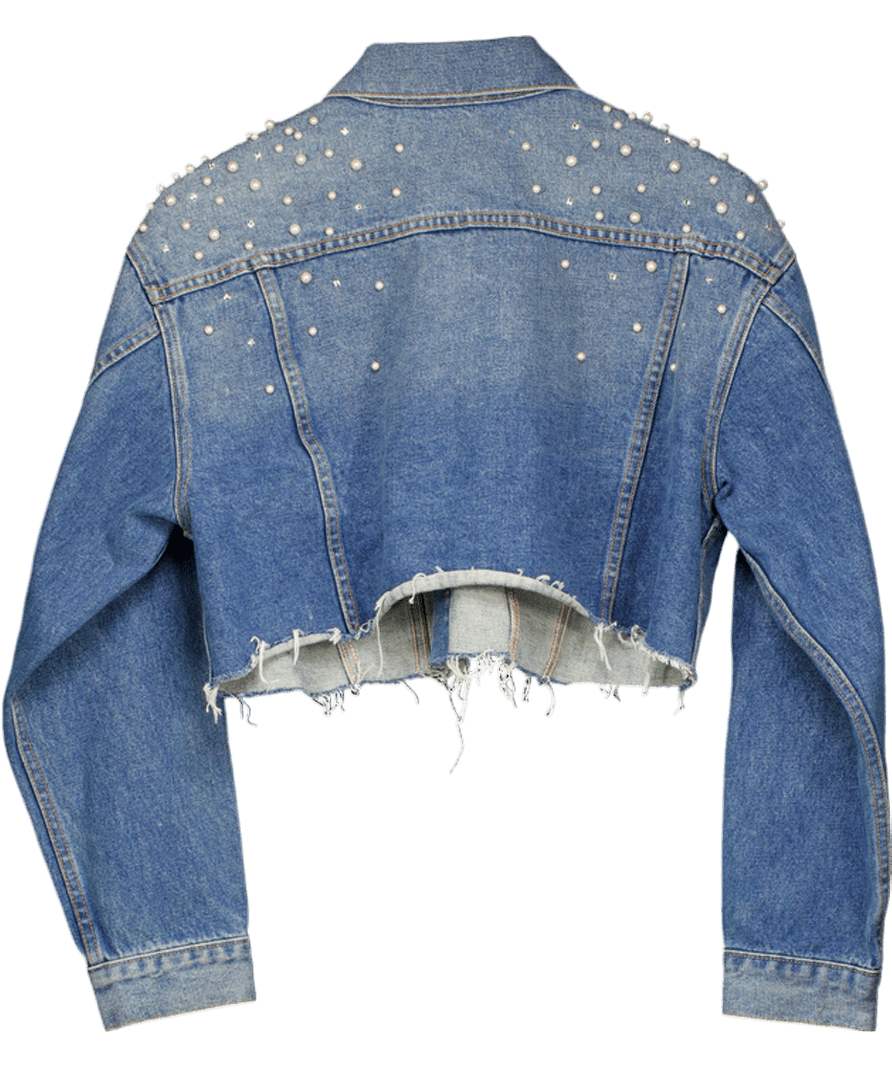 grlfrnd Blue Eve Pearl / Crystal Embellished Cropped Denim Jacket UK S - Reliked