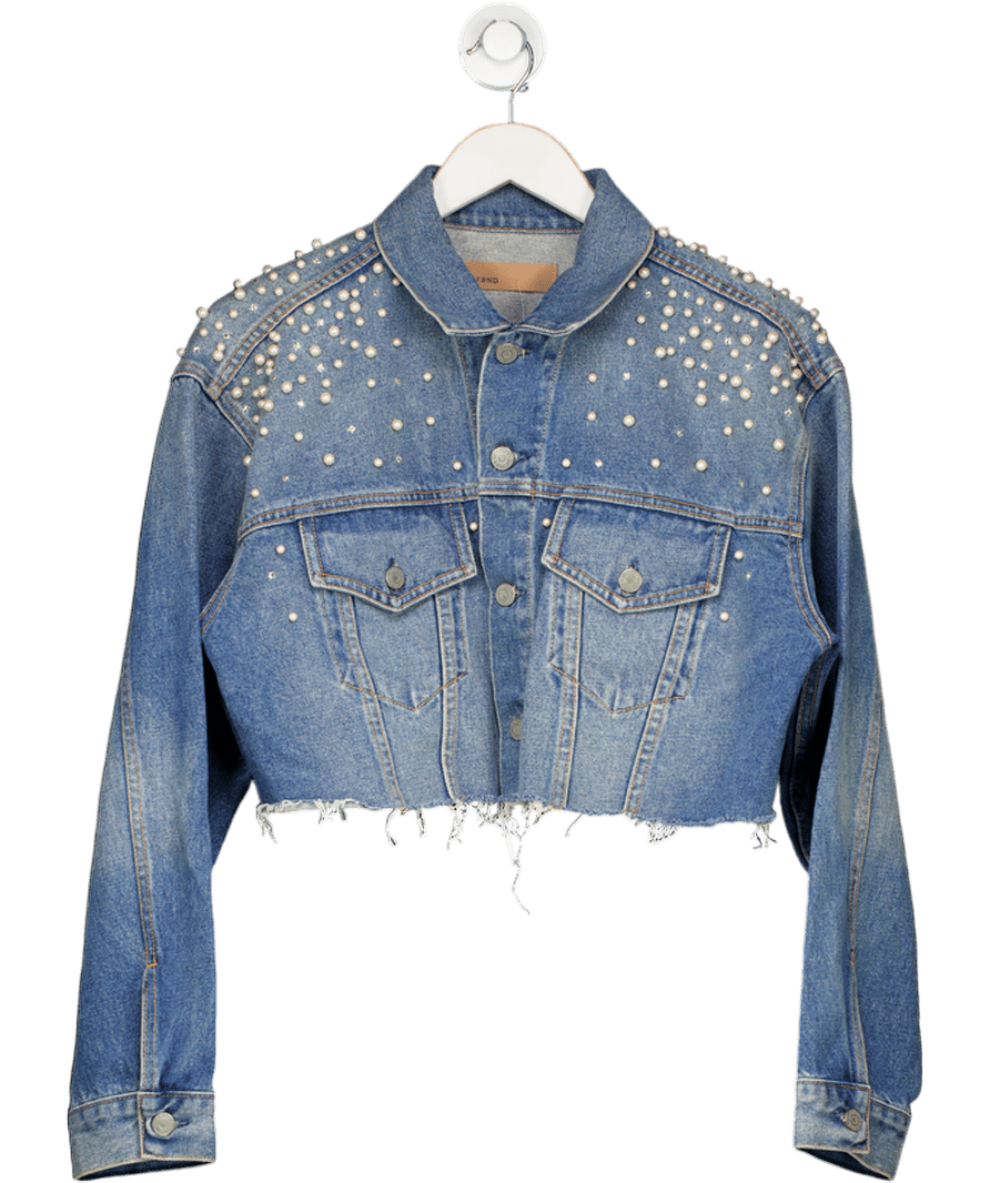 grlfrnd Blue Eve Pearl / Crystal Embellished Cropped Denim Jacket UK S - Reliked