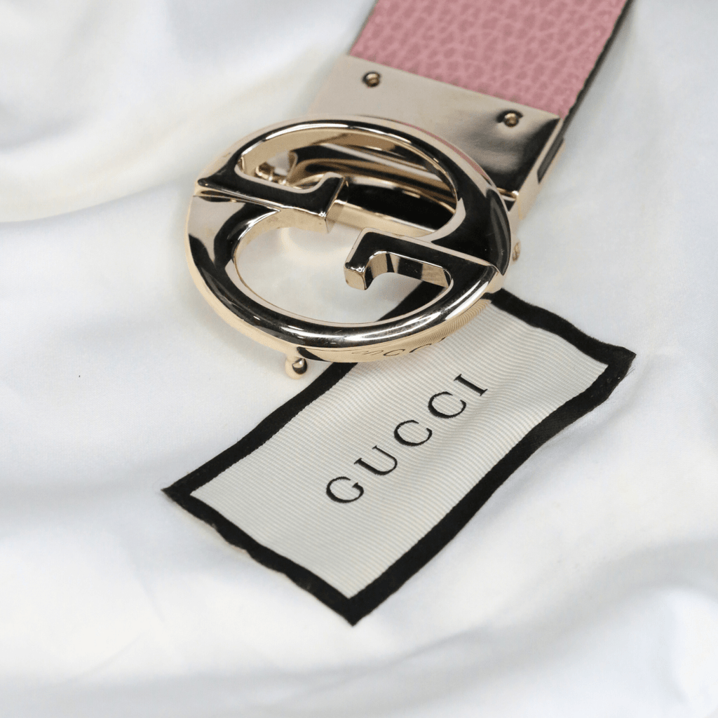 Gucci Pink & Black Reversible Interlocking Gold Gg Logo Belt 90cm UK M - Reliked