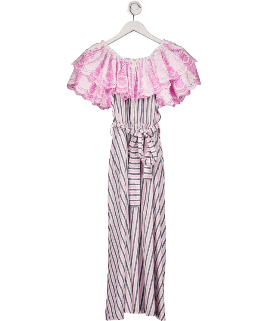 GÜL HÜRGEL Pink / Grey Off - the - shoulder Ruffled Striped Cotton And Linen - blend Midi Dress UK L - Reliked