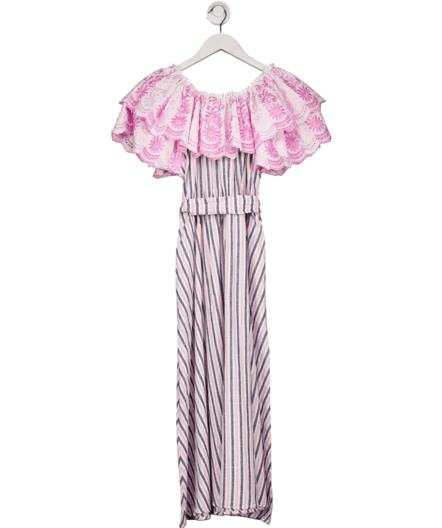 GÜL HÜRGEL Pink / Grey Off - the - shoulder Ruffled Striped Cotton And Linen - blend Midi Dress UK L - Reliked