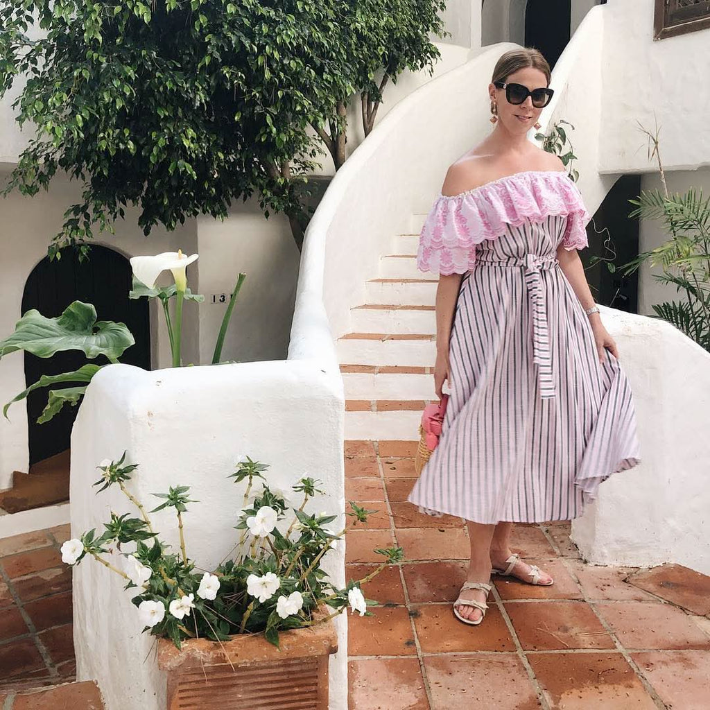 GÜL HÜRGEL Pink / Grey Off - the - shoulder Ruffled Striped Cotton And Linen - blend Midi Dress UK L - Reliked