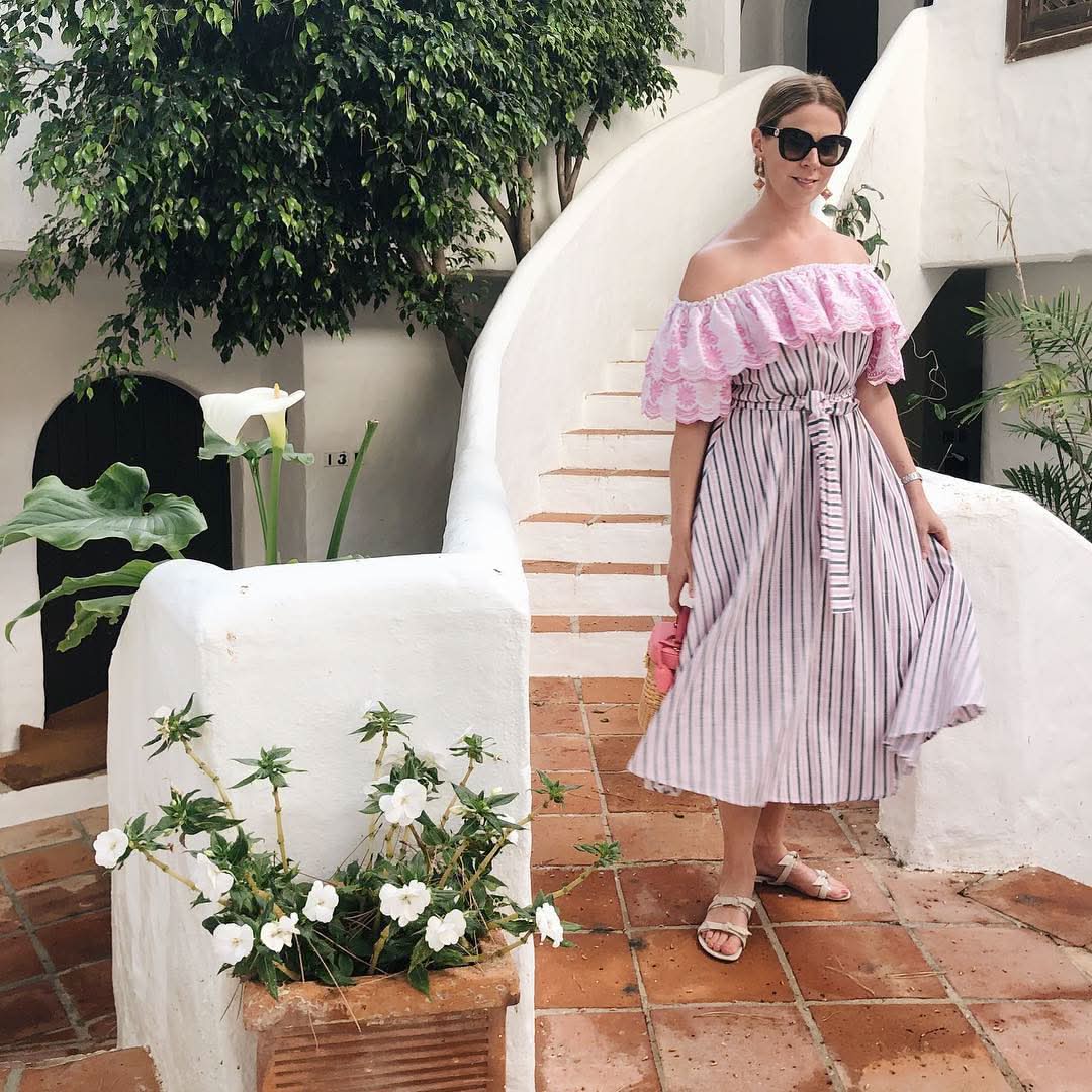 GÜL HÜRGEL Pink / Grey Off - the - shoulder Ruffled Striped Cotton And Linen - blend Midi Dress UK L - Reliked