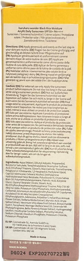 haruharu wonder Black Rice Moisture Airyfit Daily Sunscreen Spf50+/pa++++ 50ml - Reliked