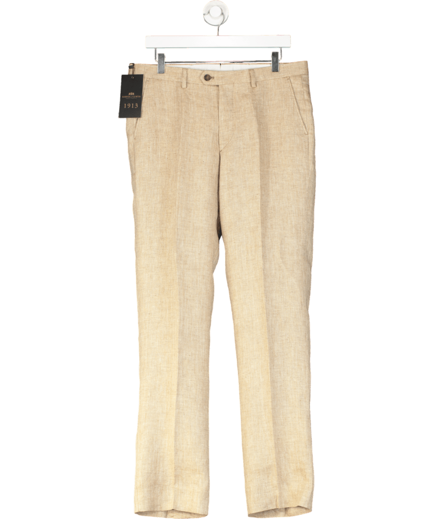 Hawes & Curtis Beige Herringbone Tailored Italian Linen Trousers Length 33" W32 - Reliked