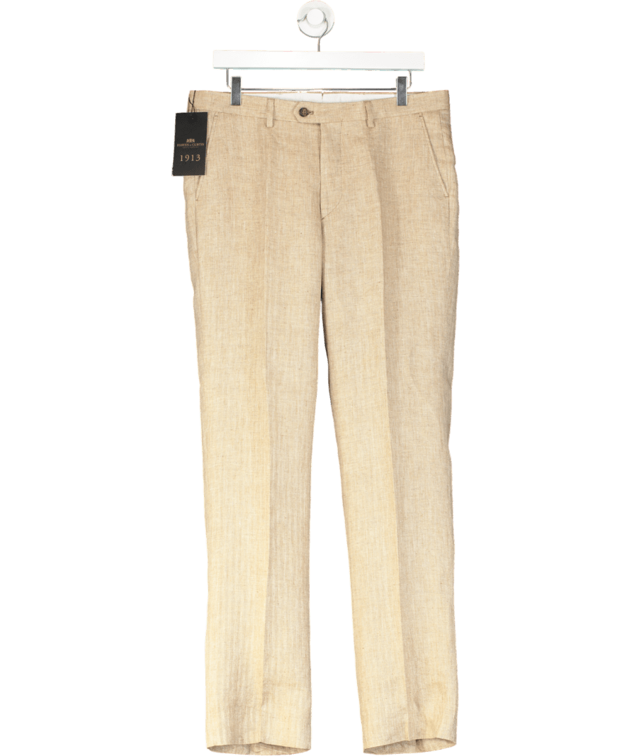 Hawes & Curtis Beige Herringbone Tailored Italian Linen Trousers Length 33" W32 - Reliked