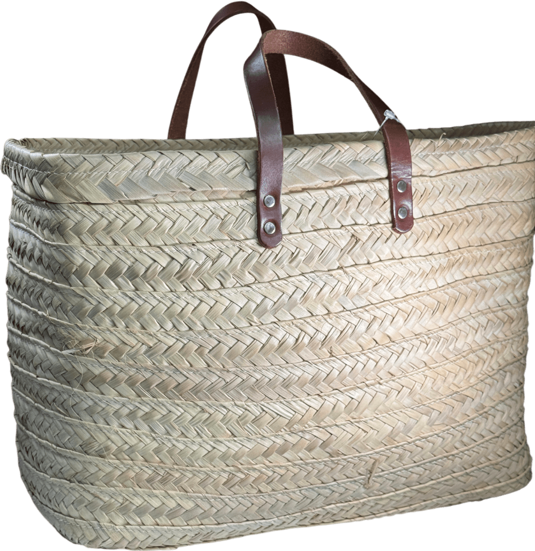 Henrietta Spencer Beige Large Straw Basket Bag With Tan Leather Handles - Reliked