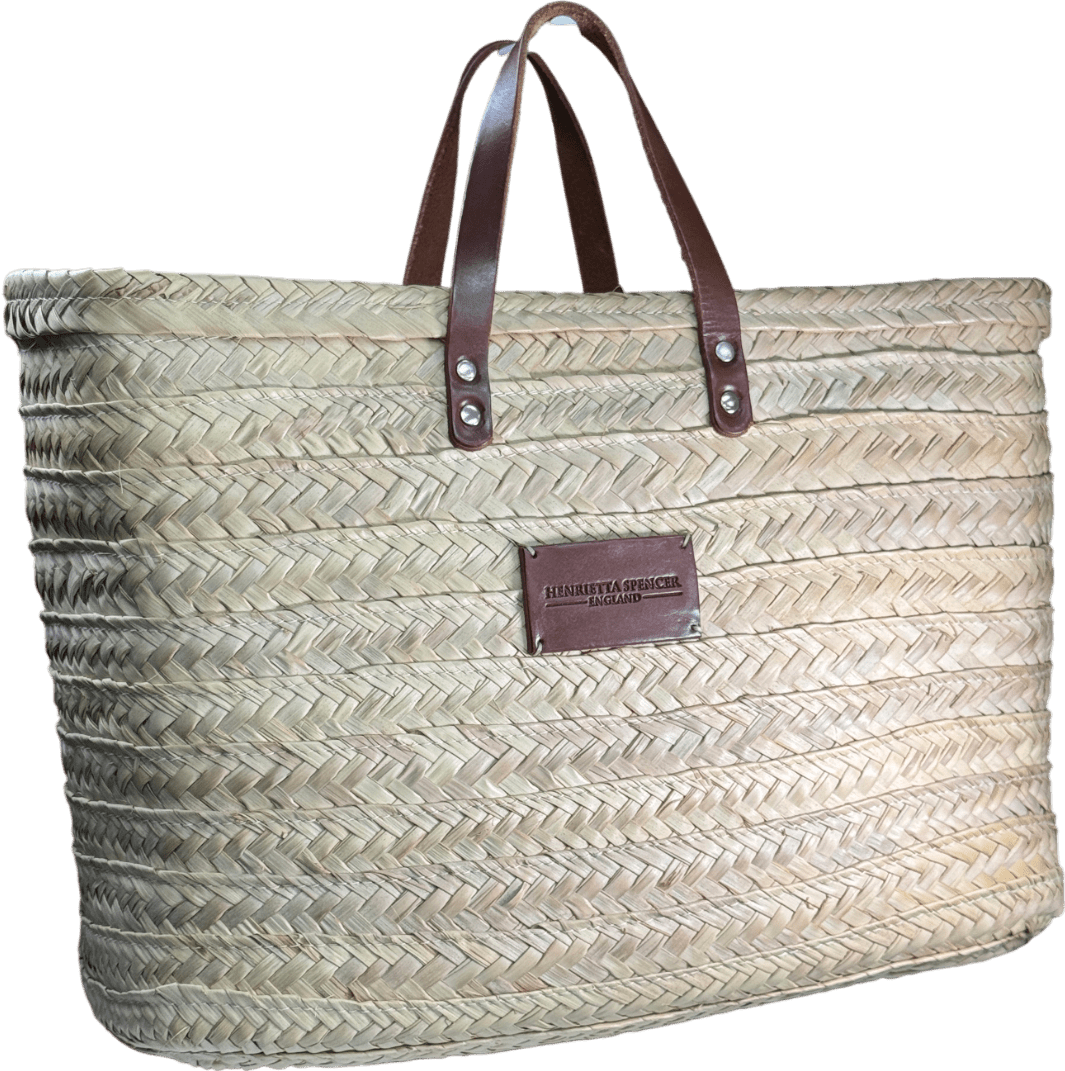 Henrietta Spencer Beige Large Straw Basket Bag With Tan Leather Handles - Reliked