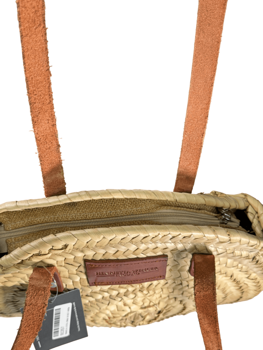 Henrietta Spencer Beige Round Straw Zipped Shoulder Bag With Tan Leather Handles - Reliked