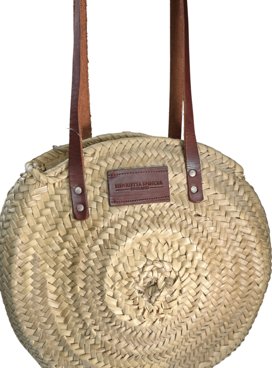 Henrietta Spencer Beige Round Straw Zipped Shoulder Bag With Tan Leather Handles - Reliked