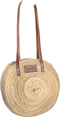Henrietta Spencer Beige Round Straw Zipped Shoulder Bag With Tan Leather Handles - Reliked